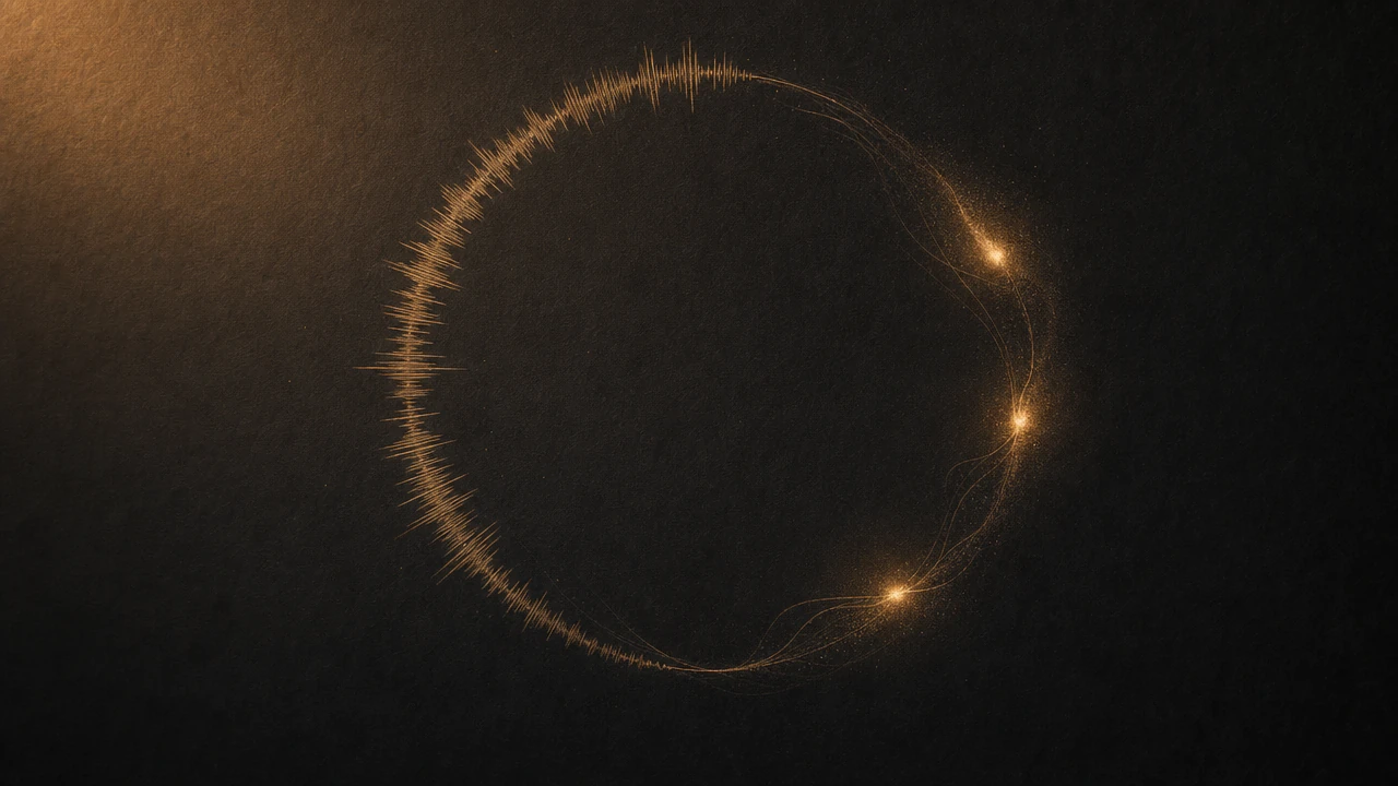 An audio waveform bent into a circle on dark paper, its two ends meeting at three points of light.