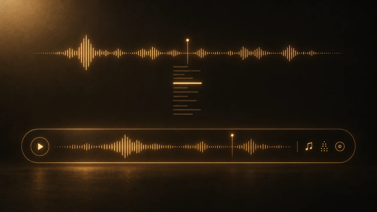 Two amber audio tracks run side by side on dark ground; the upper one carries a column of fine text lines beneath it, the lower one sits inside a wider frame with musical notes at its edge.