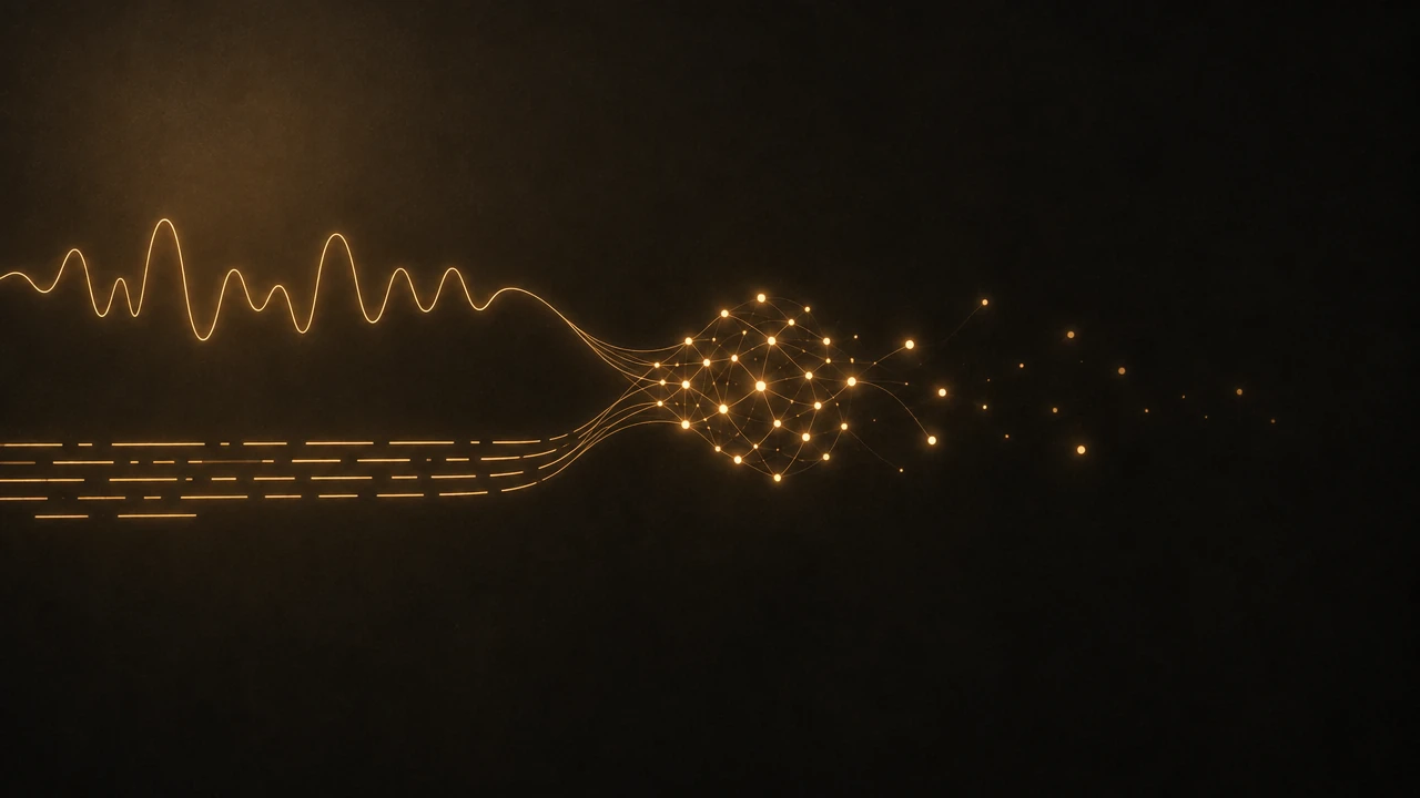 Two thin amber lines on a dark ground, one a sound wave and one a row of short text-like strokes, flow from the left and merge into a single glowing pattern in the middle of the image.