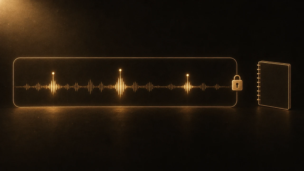 A thin amber audio waveform with three small glowing markers set into it, each trailing a short amber segment, all enclosed inside a closed rounded box with a small padlock on its edge, and an empty notebook standing outside it.