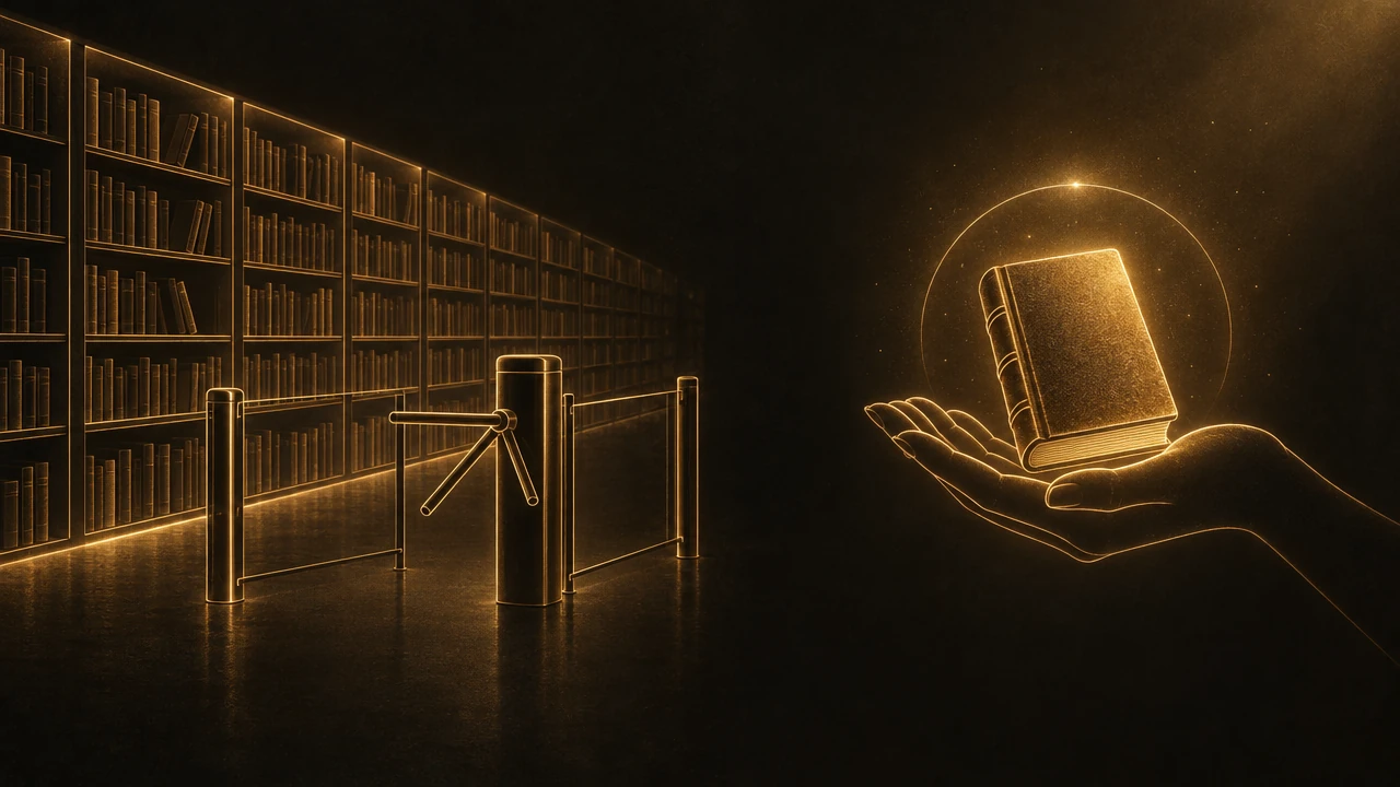 Two amber outlines on dark ground: an open shelf of many faint books behind a thin turnstile, and a single bright book held in an open hand.