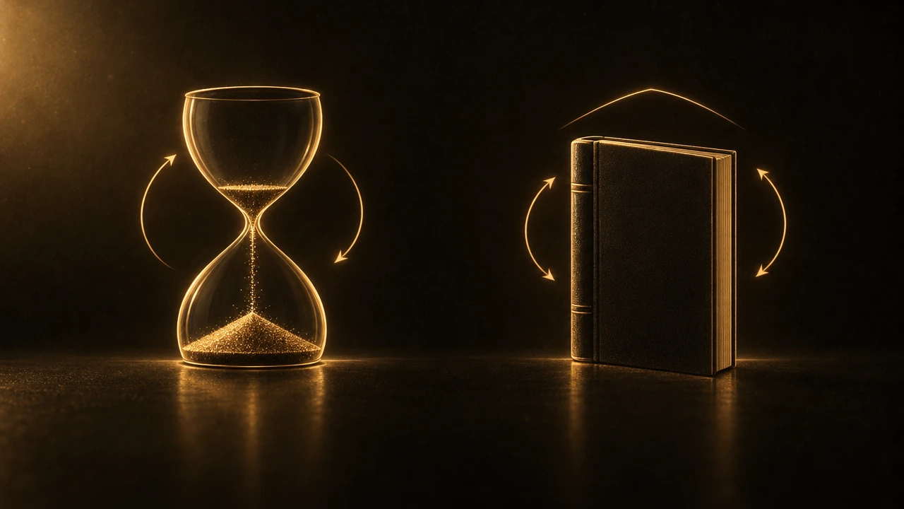 Two amber outlines side by side: an hourglass whose sand is running out, and a single closed book standing upright under a small arc.