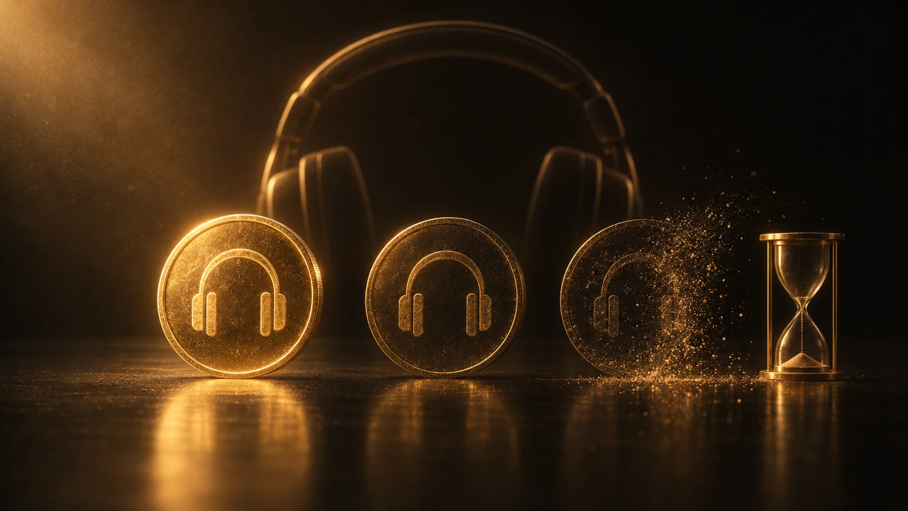 Three amber-lit audiobook credit coins on a dark ground, the oldest one fading out beside a small hourglass, with a pair of headphones behind them.