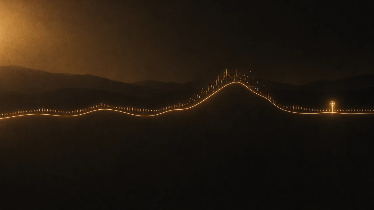 A thin amber route line crosses dark hills, with a soft sound wave above it that scatters into fragments on the steep climb and settles again on the flat, where a small amber marker pin stands on the wave.
