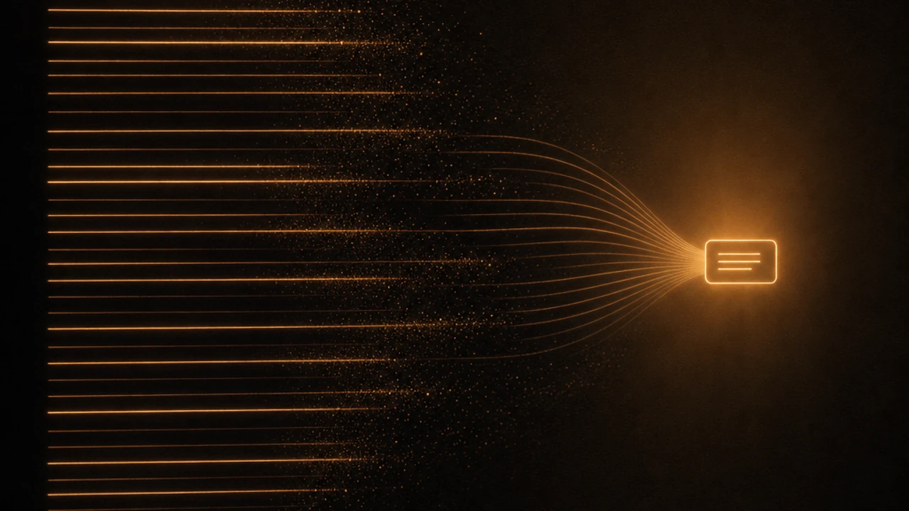 Dozens of long amber lines on dark ground bending together into one small brightly lit card, many of them breaking apart into faint drifting dust before they arrive.