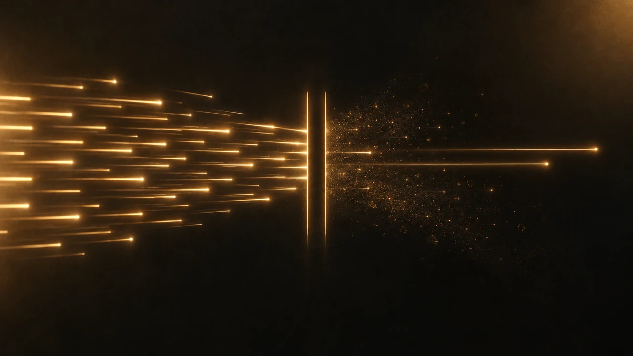 Many short amber lines on dark ground passing through a narrow gate one after another, with most of them fading to faint dust a short distance after the gate.