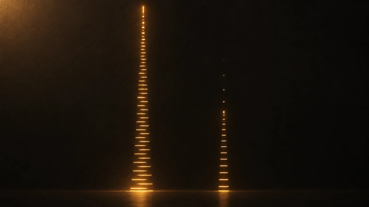Two amber line paths side by side on dark ground: the left one keeps drawing new segments to the top edge, the right one stops halfway and fades into faint dots.