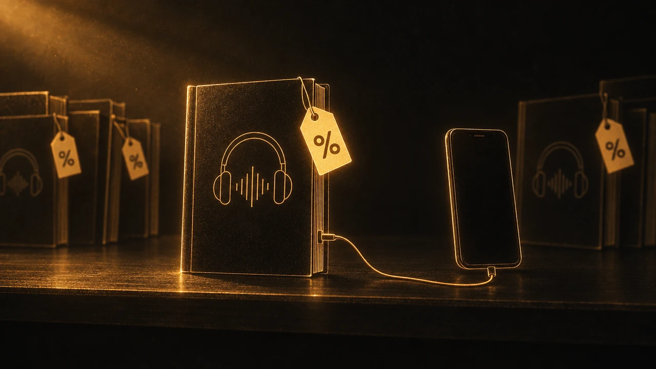 Amber-lit audiobook with a headphone symbol and a percent price tag on a dark shelf, plugged by a thin cable into a phone beside it.