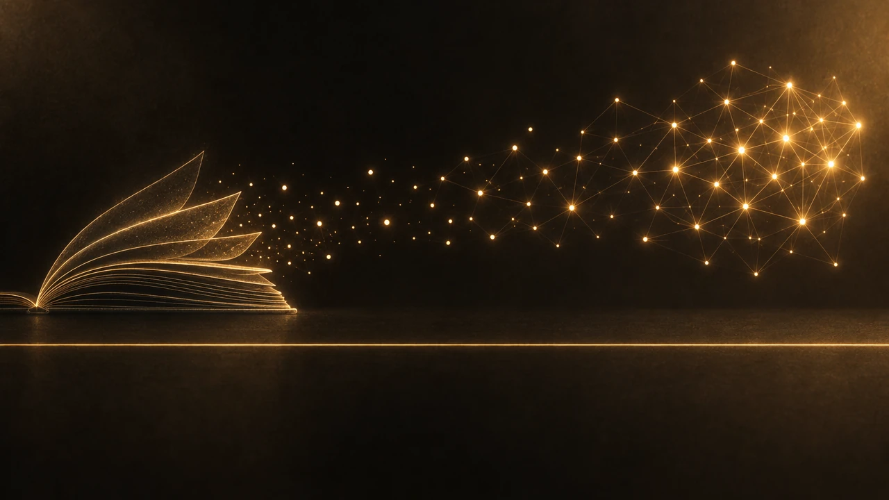 An open book drawn in thin amber lines on a dark ground, its fanned pages releasing small glowing points that drift right and join into a dense lattice of connected lights, above a single flat amber line that runs level across the whole image.