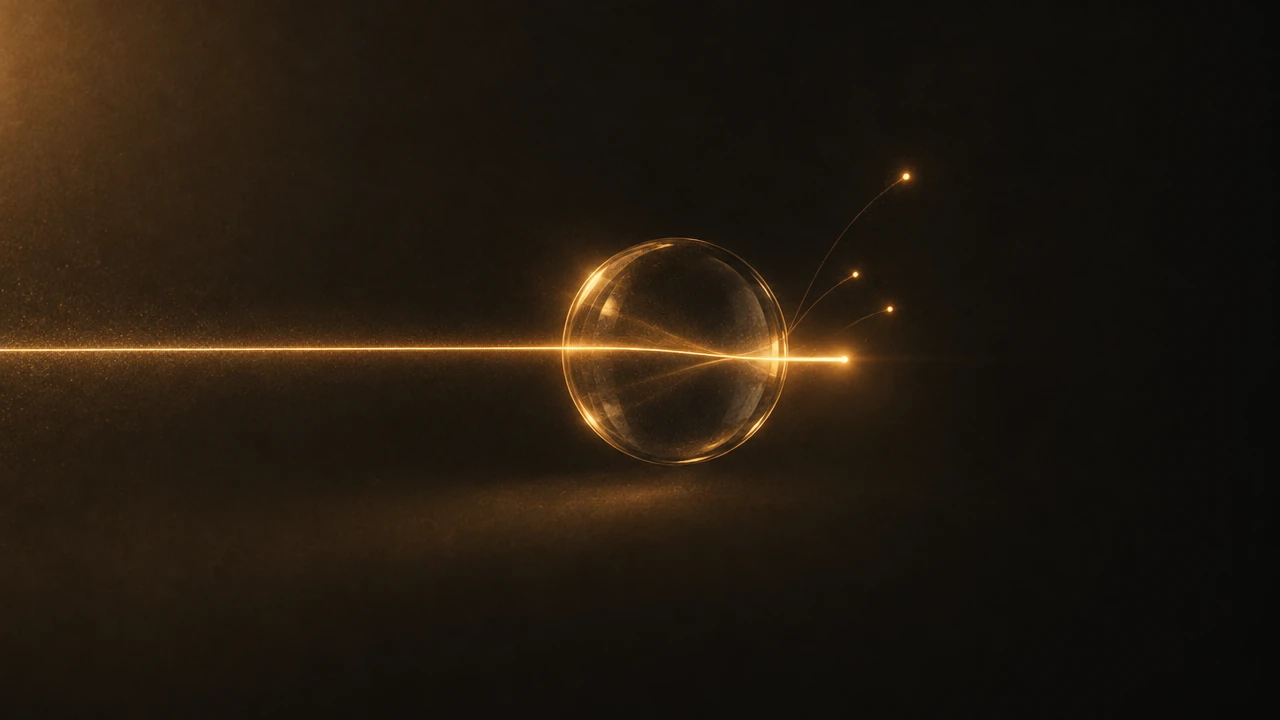 A long amber line on dark ground that runs through a small glass lens and comes out the other side as a short, bright segment, with a few faint stray marks drifting off where the line was compressed.