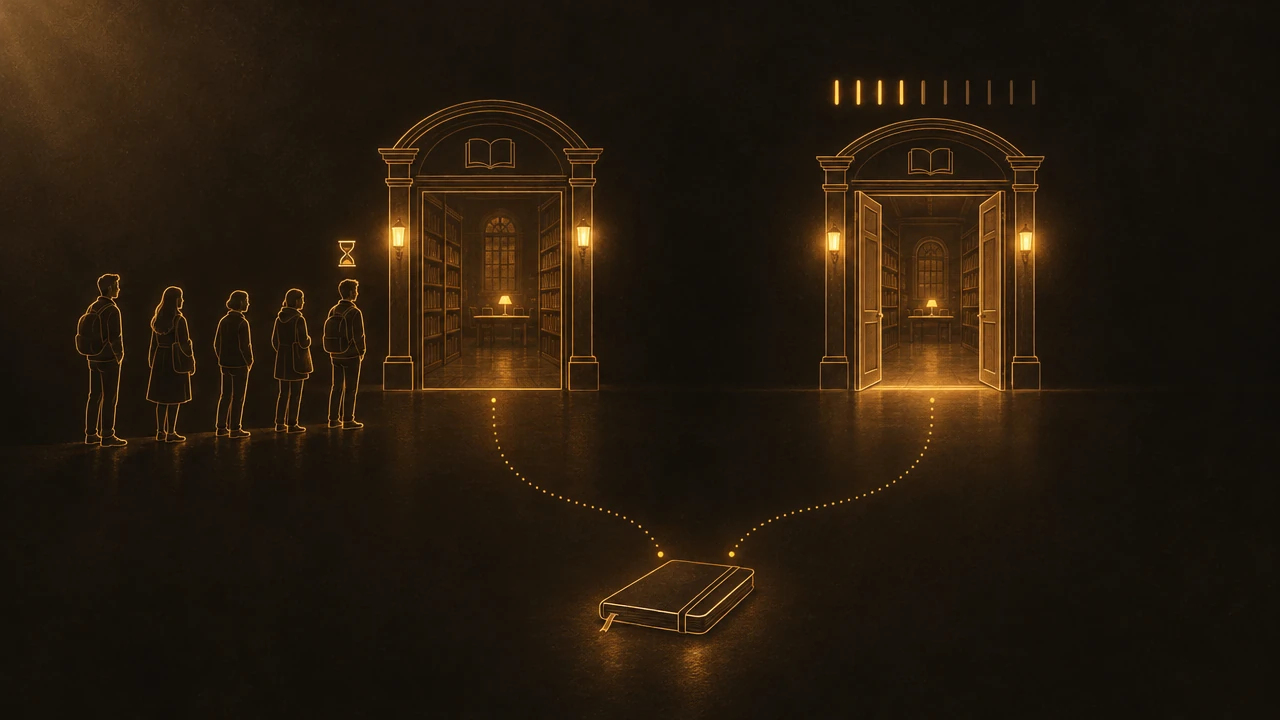 Two amber-lit library doors side by side: in front of the left one a short line of small figures waits beneath an hourglass, while the right one stands open with no line but a small counter of ten ticks above it, four of them already filled.
