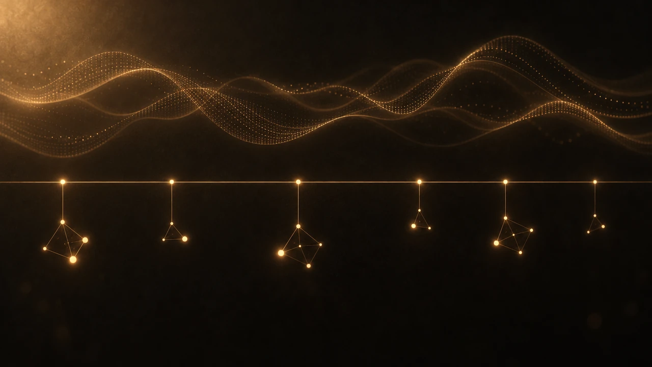 A long horizontal amber timeline on a dark ground with a few bright pins along it. From each pin a thin thread drops down to a small cluster of connected nodes, while long loose waveform ribbons drift above the timeline without touching it.
