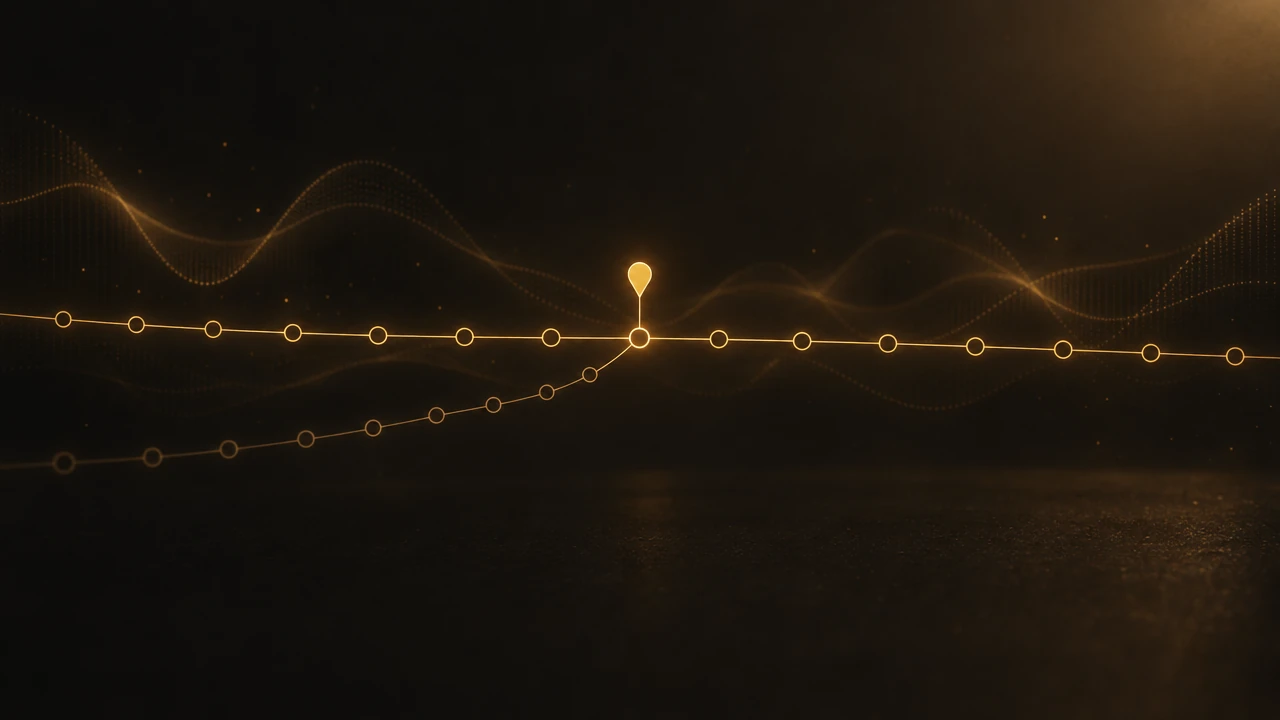 A thin amber line strung with small rings crosses a dark ground beneath soft waveform ribbons. A small amber marker pin stands above one ring in the middle, and a second, fainter line of rings rises from the lower left to meet the first exactly at that ring.