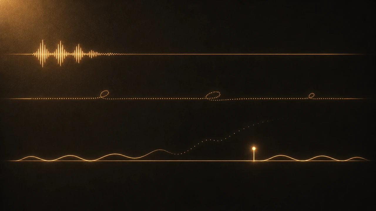 Three amber lines on a dark ground: a short burst of a voice waveform on top, a dotted line with three small loops in the middle, and a soft wave at the bottom that drifts upward into faint dots until a small glowing marker pins it back to its baseline.