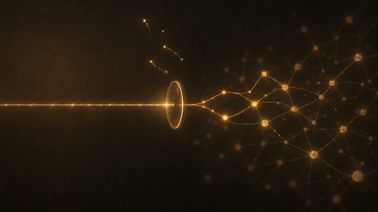 A single line of text drawn as a thin amber thread on a dark ground, running into a small lens; behind the lens the thread splits into a branching structure of linked nodes, while beside it a few loose fragments drift away unconnected.