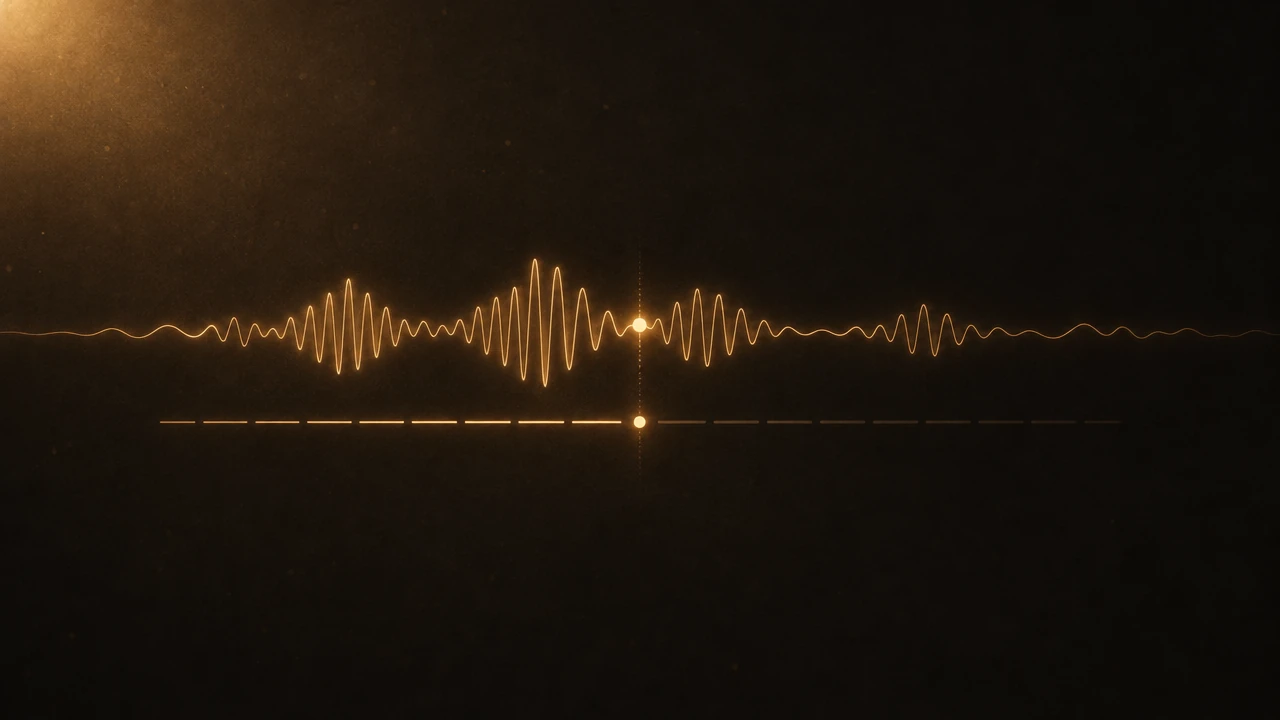 A thin amber sound wave runs across a dark ground directly above a row of short text-like strokes, and a small glowing marker moves along both at the same point.