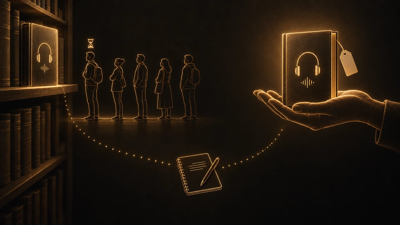 An amber-lit audiobook on a library shelf with a short queue of small figures waiting in front of it, beside a second audiobook resting alone on an open hand behind a small price tag.
