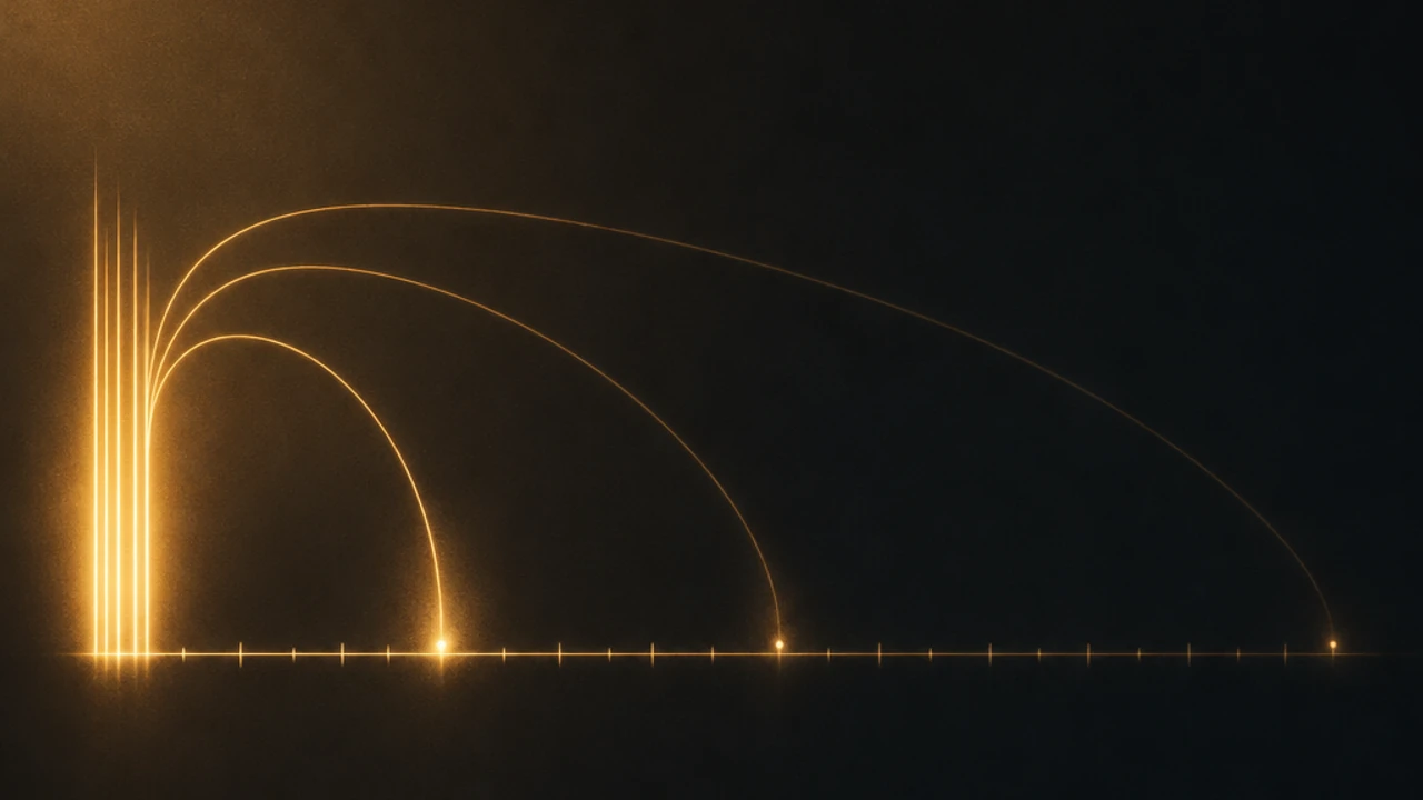 A cluster of tall bright amber marks at the left of a dark timeline, with three glowing arcs looping forward at ever wider spacing onto progressively dimmer landing points.