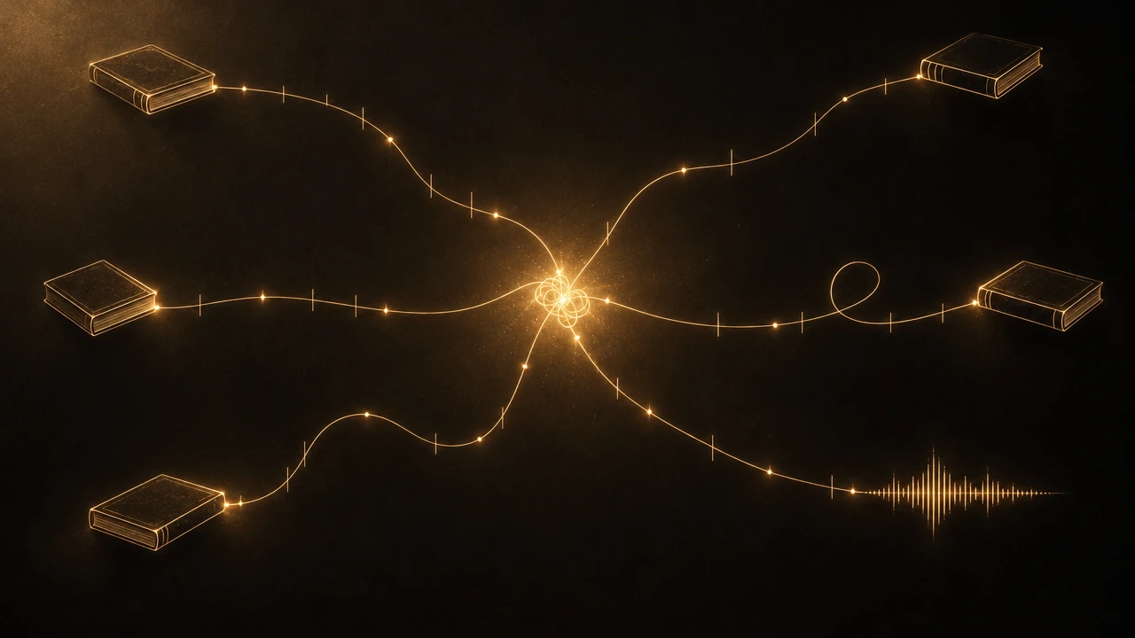 Five small book outlines and one sound waveform drawn in thin amber lines on a dark ground, each joined by a fine thread with small tick marks that curves inward to one bright knot of light in the center.
